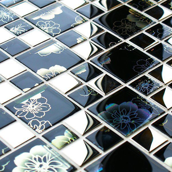 Black modular mosaic tile with an iridescent finish