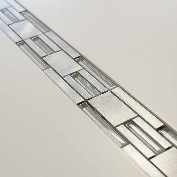 Silver metal, glass modular mosaic linear border tiles