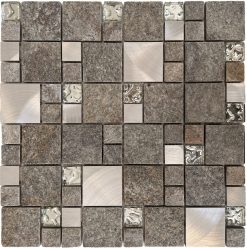 Heritage Square Grey Glass and Stone Mosaic Tiles
